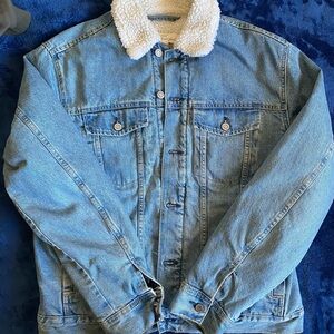 H&M Blue Denim Jacket with White Sherpa Collar